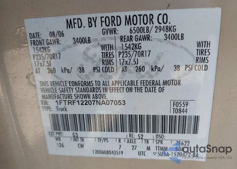 2007 Ford F-150 Stx/Xl/Xlt из США, поврежденный, VIN 1FTRF12207NA07053